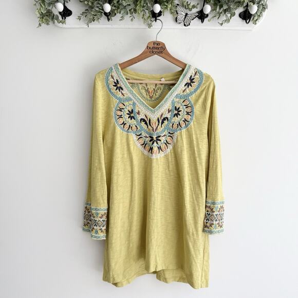 Soft Surroundings Tops - Soft Surroundings Embroidered Tunic Top Chartreuse Yellow V-Neck Bohemian Size M